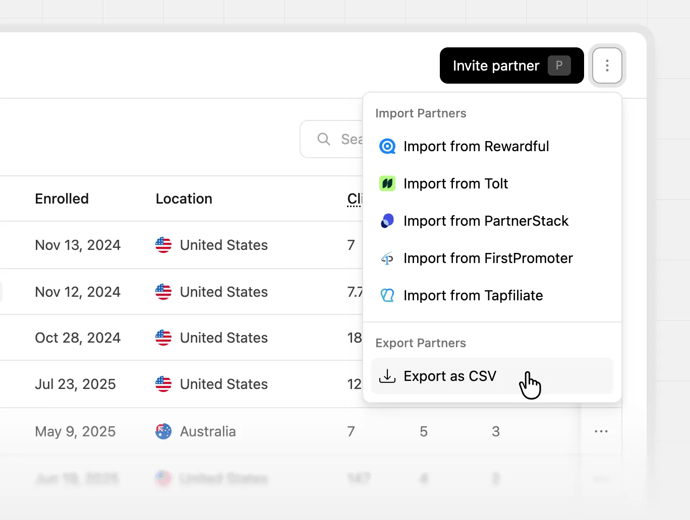 Partners dropdown