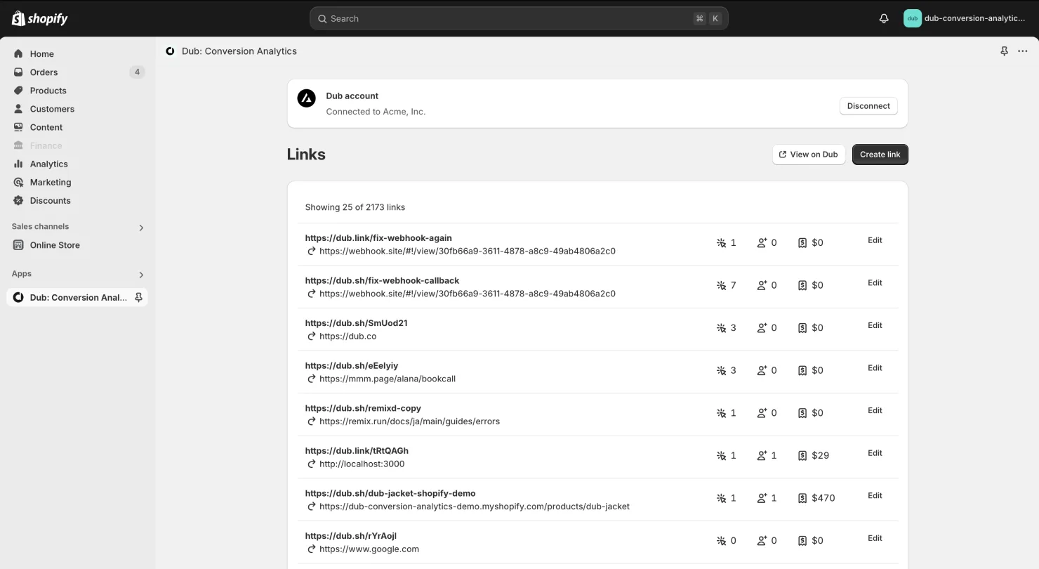 The list of links in your Dub workspace