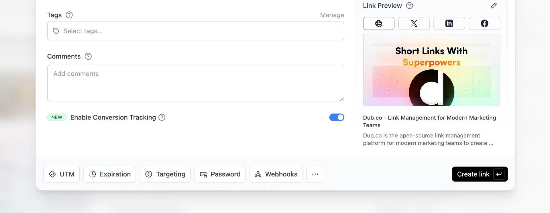 Enabling conversion tracking for a link