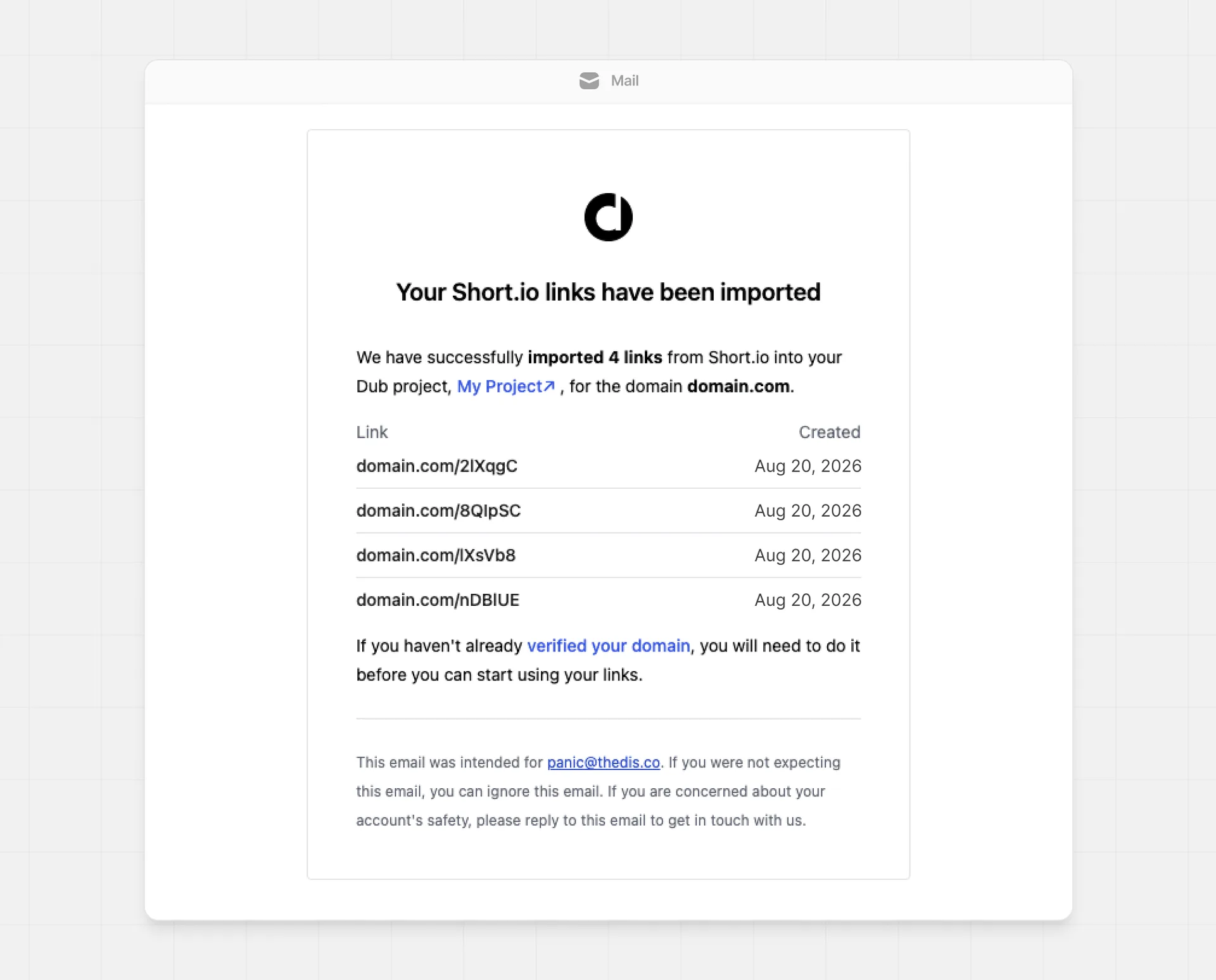 Email notification about completed Short.io migration