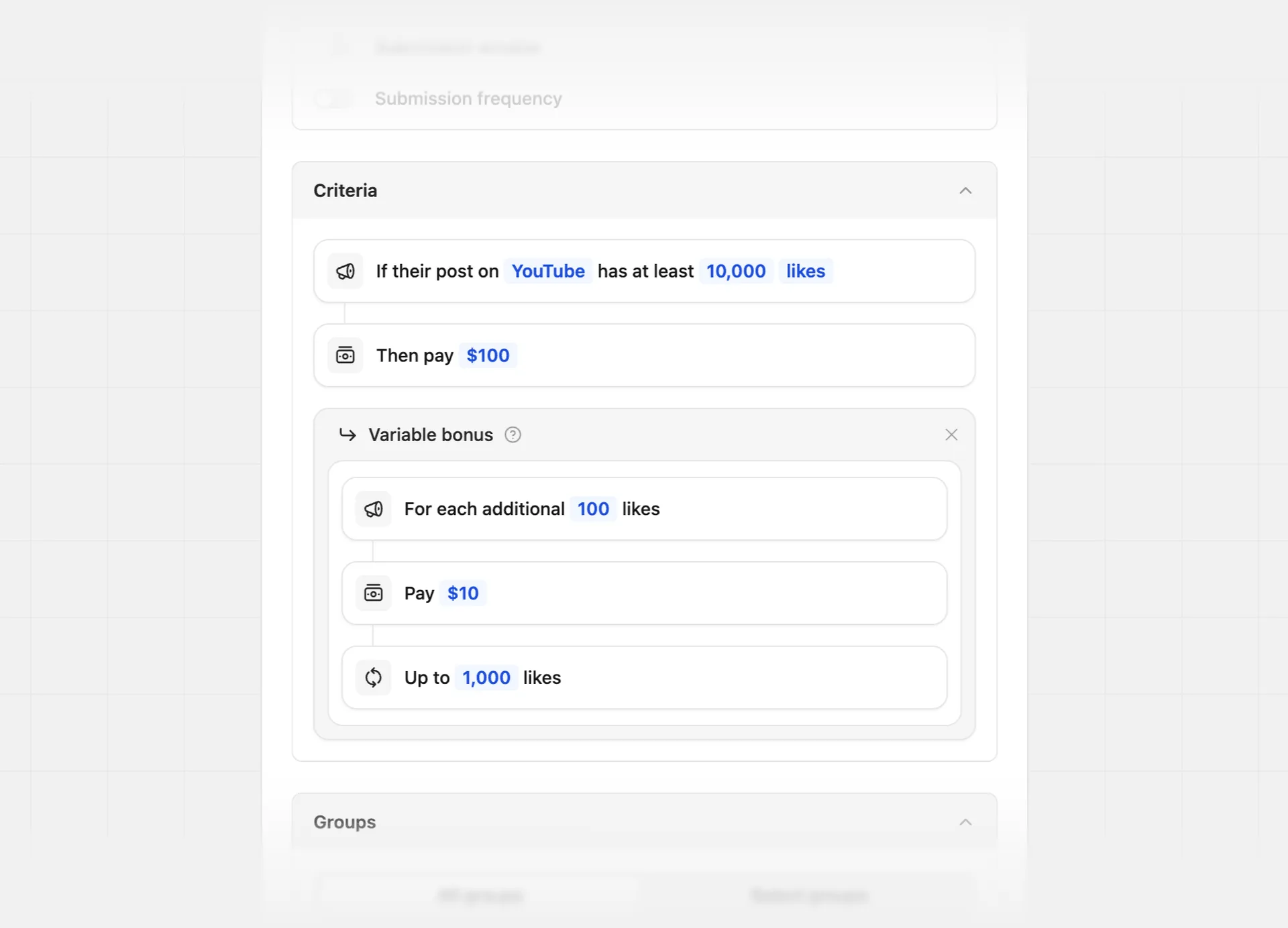 Social metric — variable bonus configuration