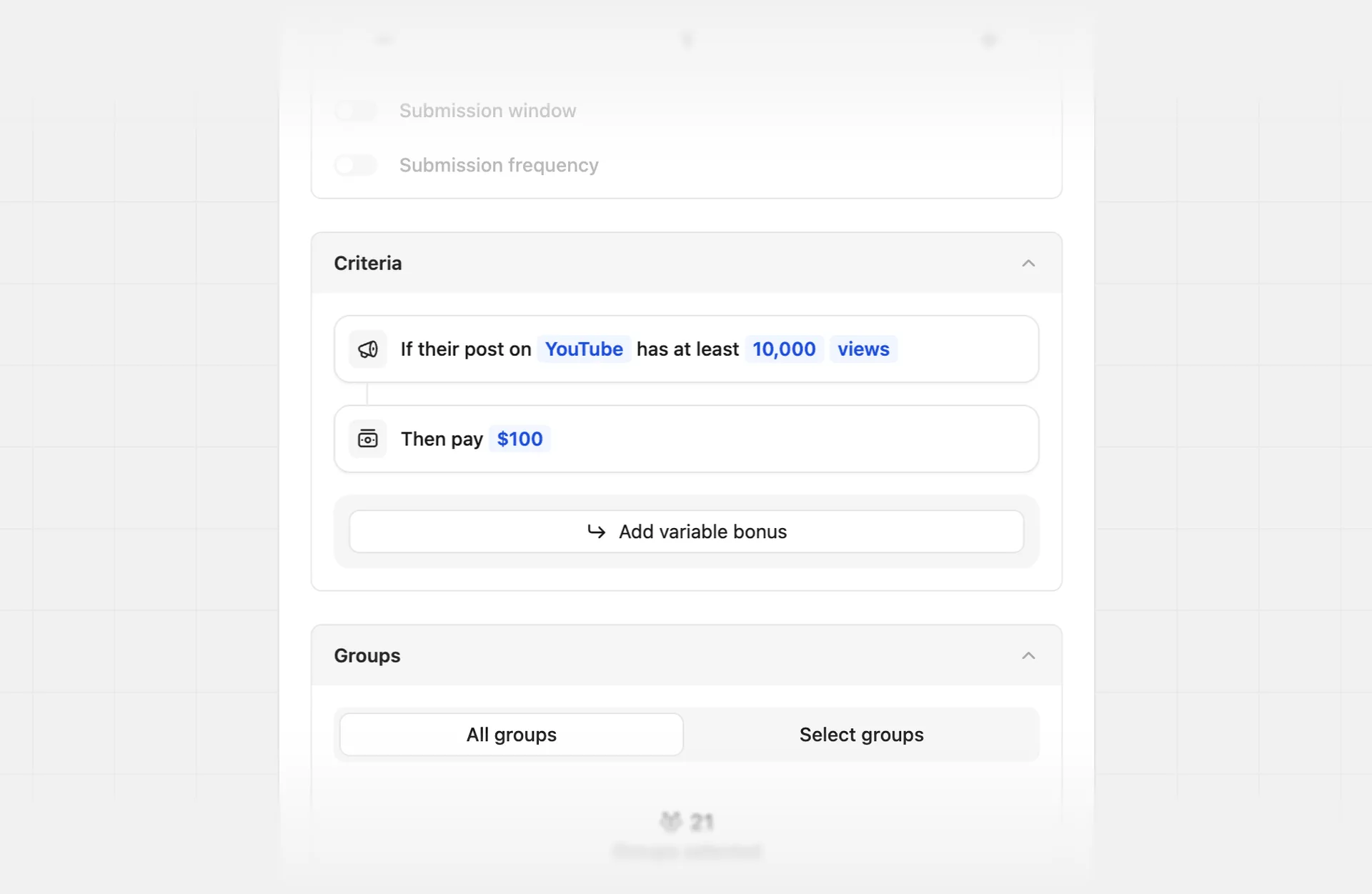 Setting social metric submissions criteria