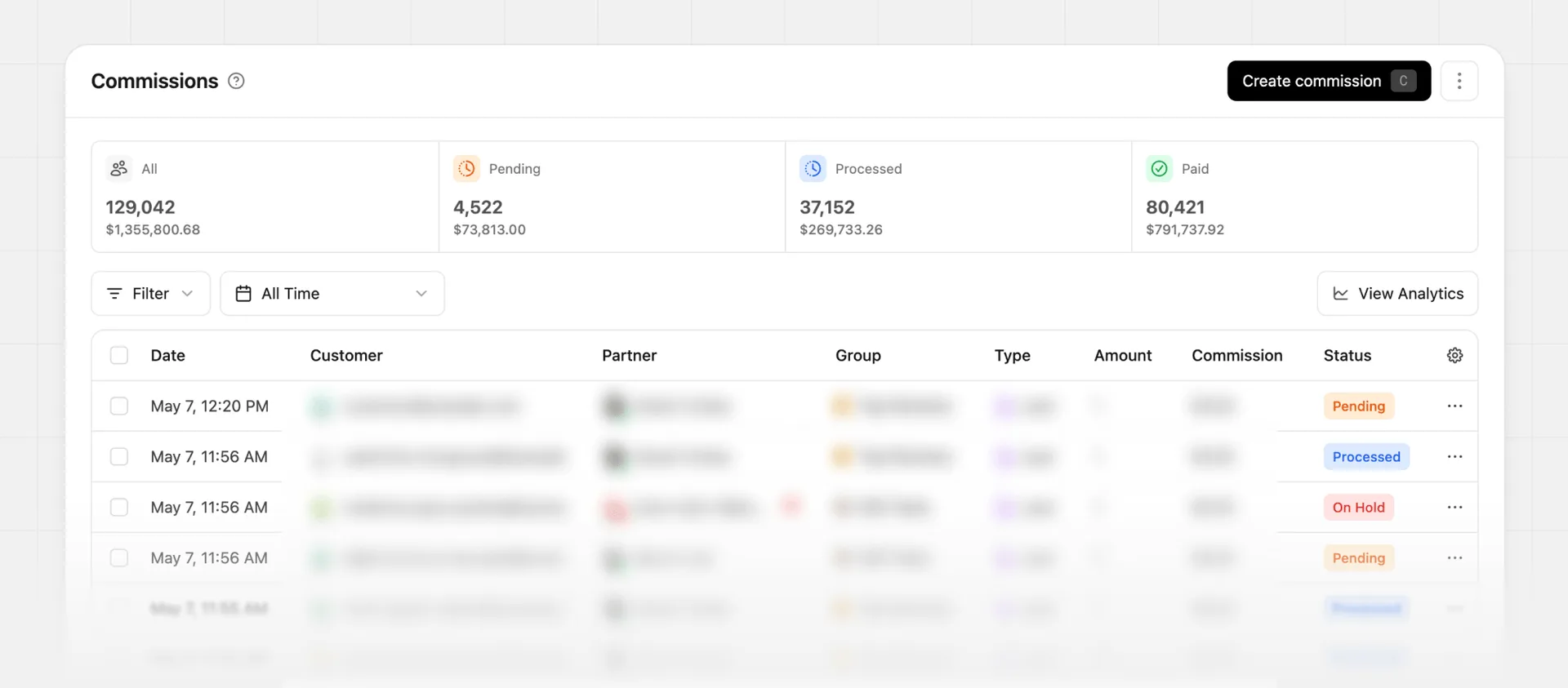 Commissions page within your dashboard