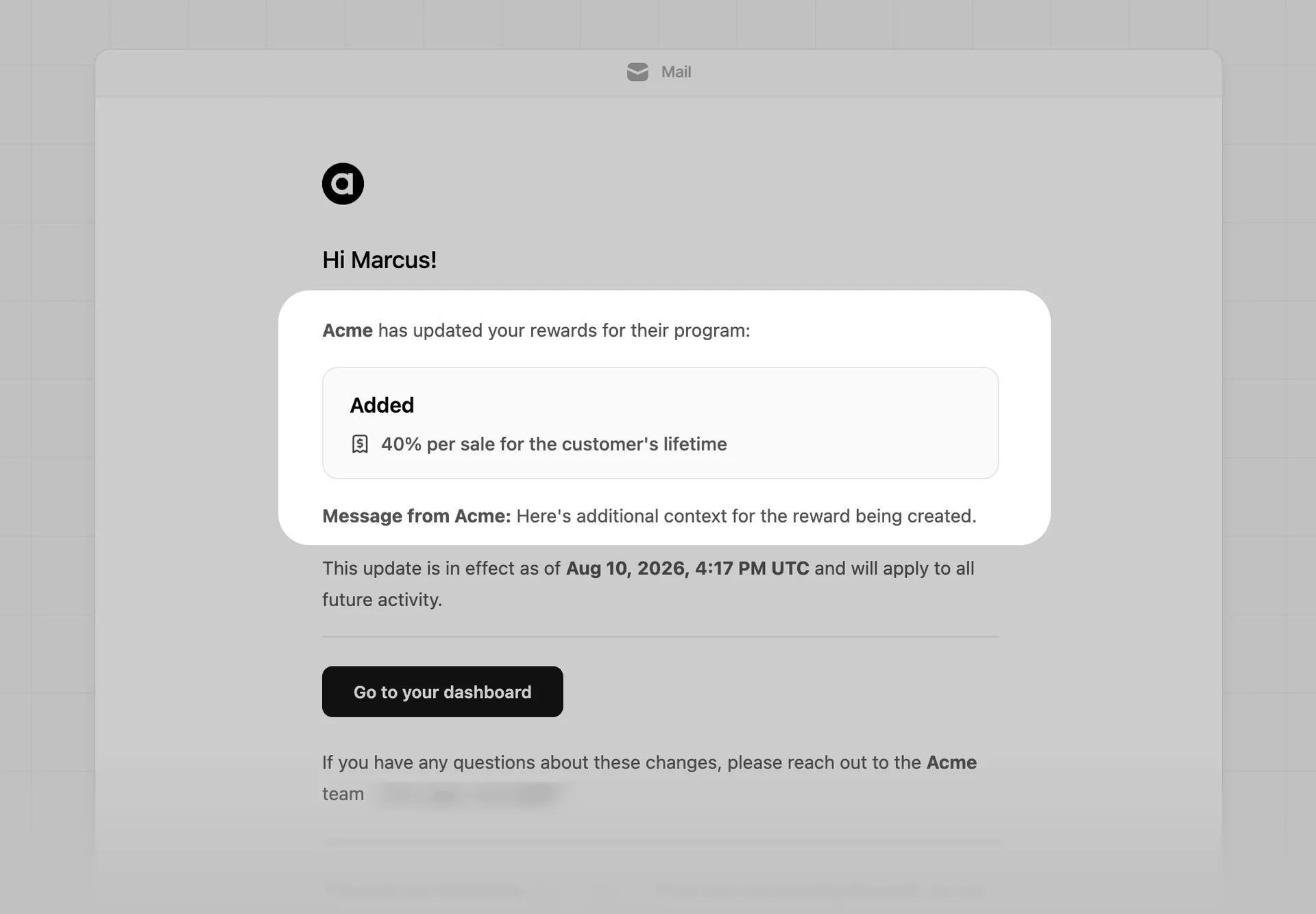 Reward notification email