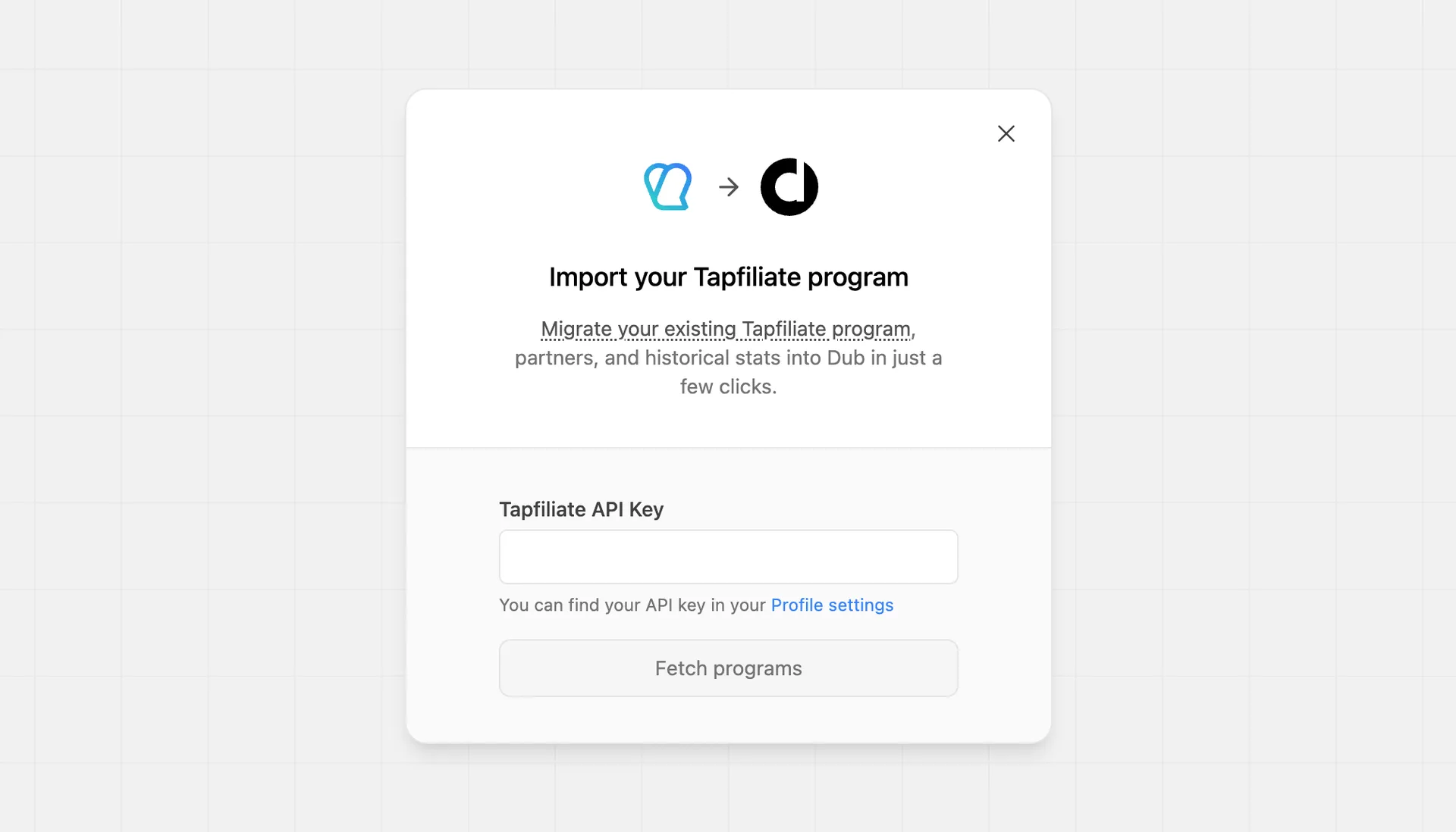 Import Tapfiliate modal