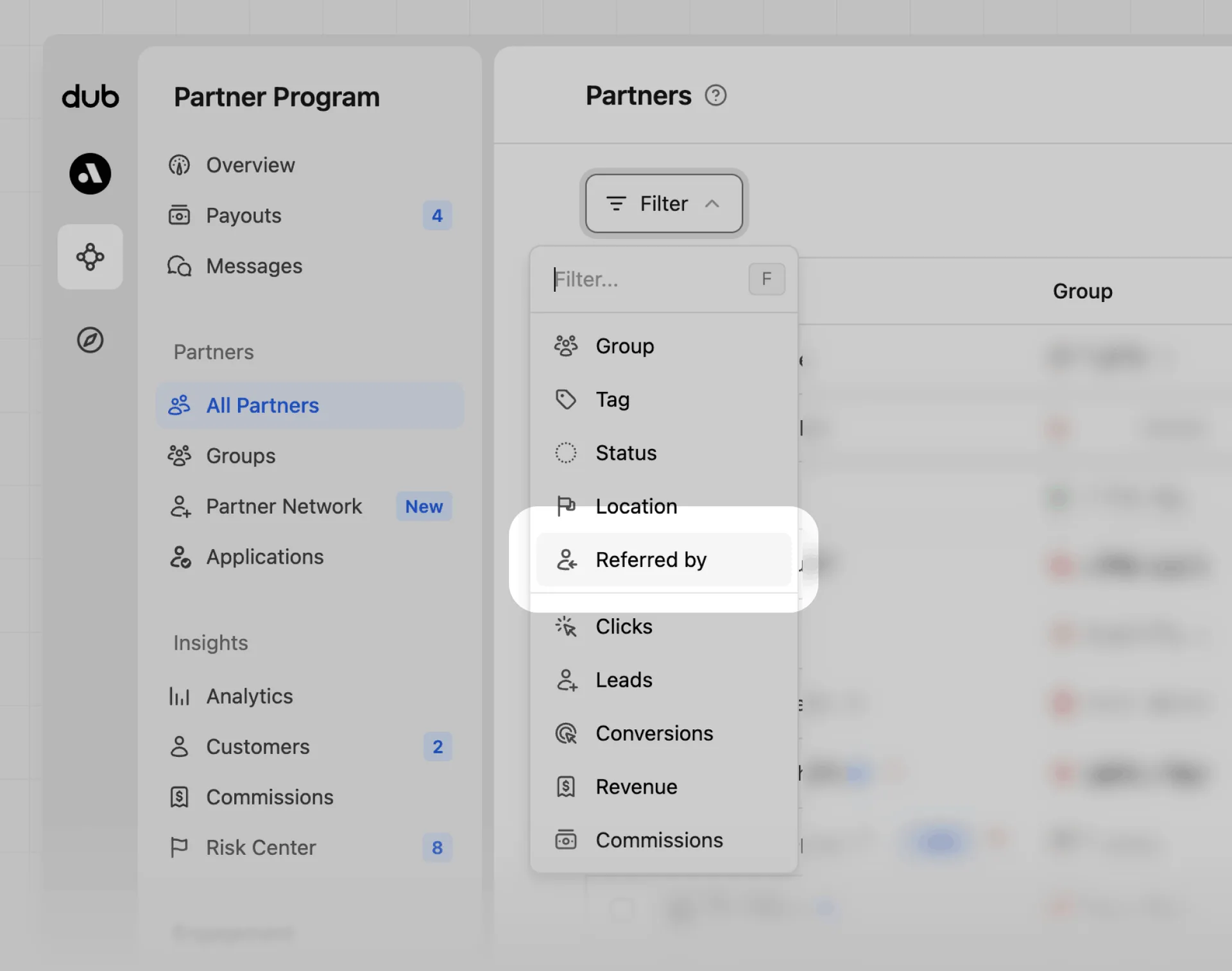 Partner referrals filter selection