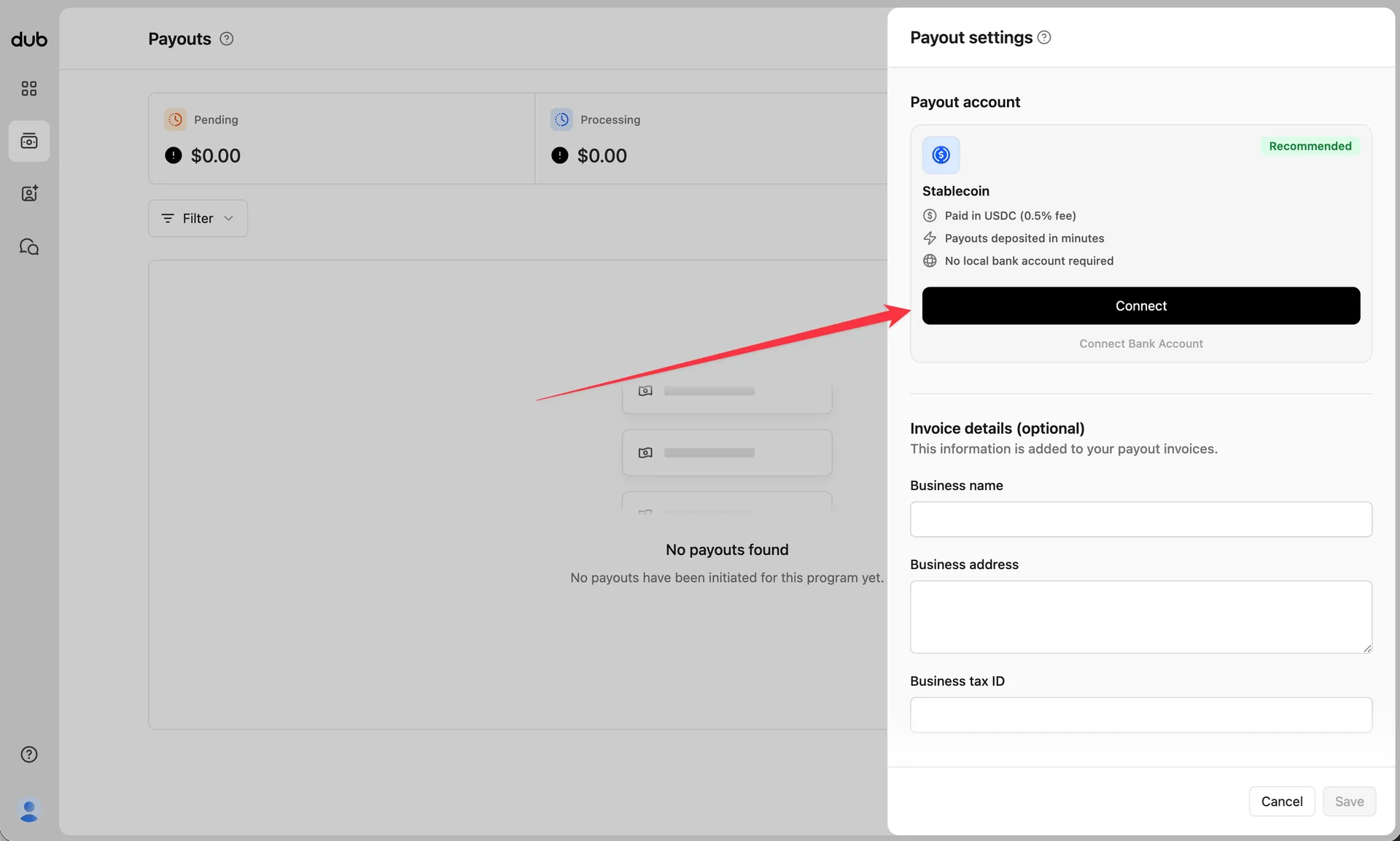 Payout settings stablecoin