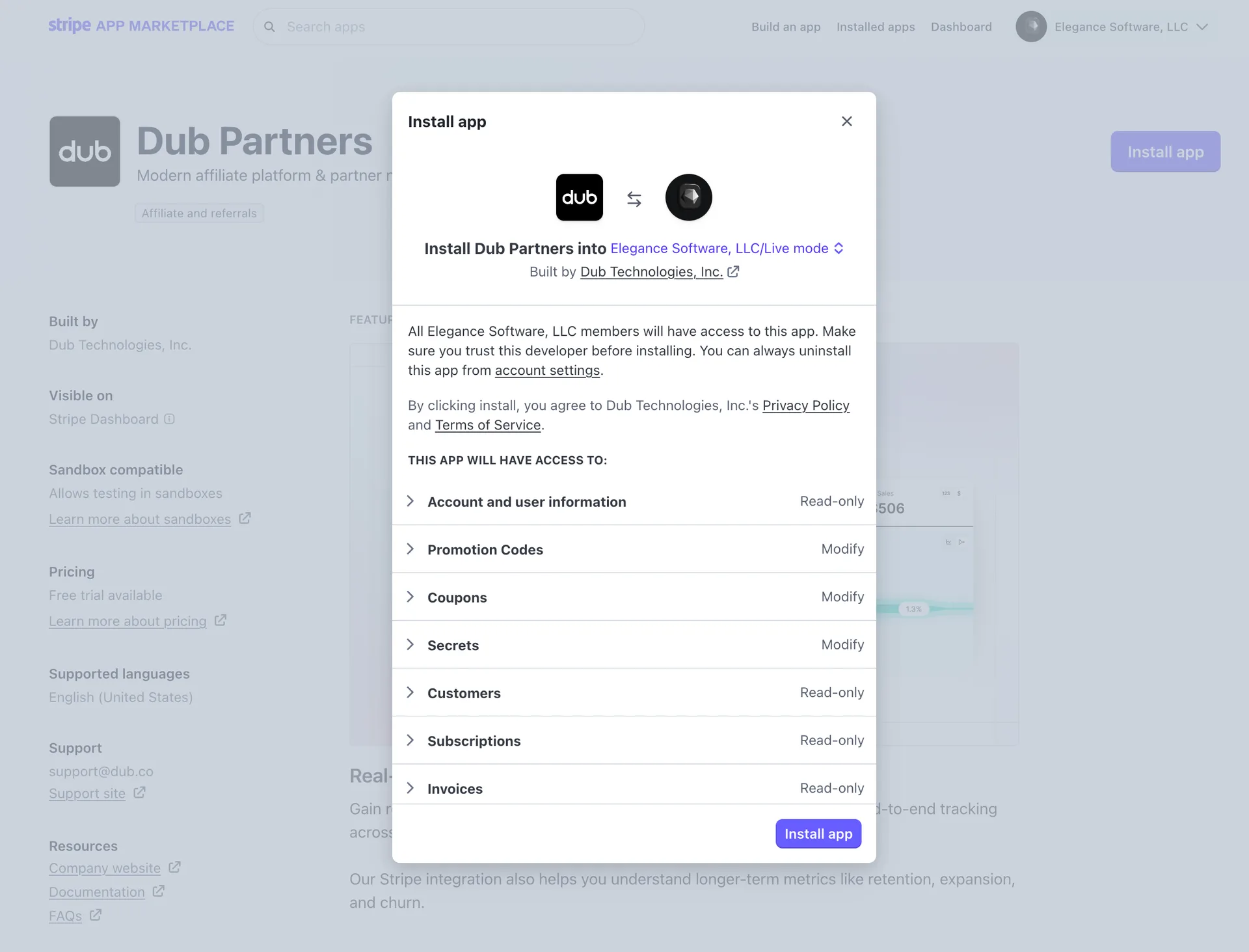 The Stripe integration installation flow