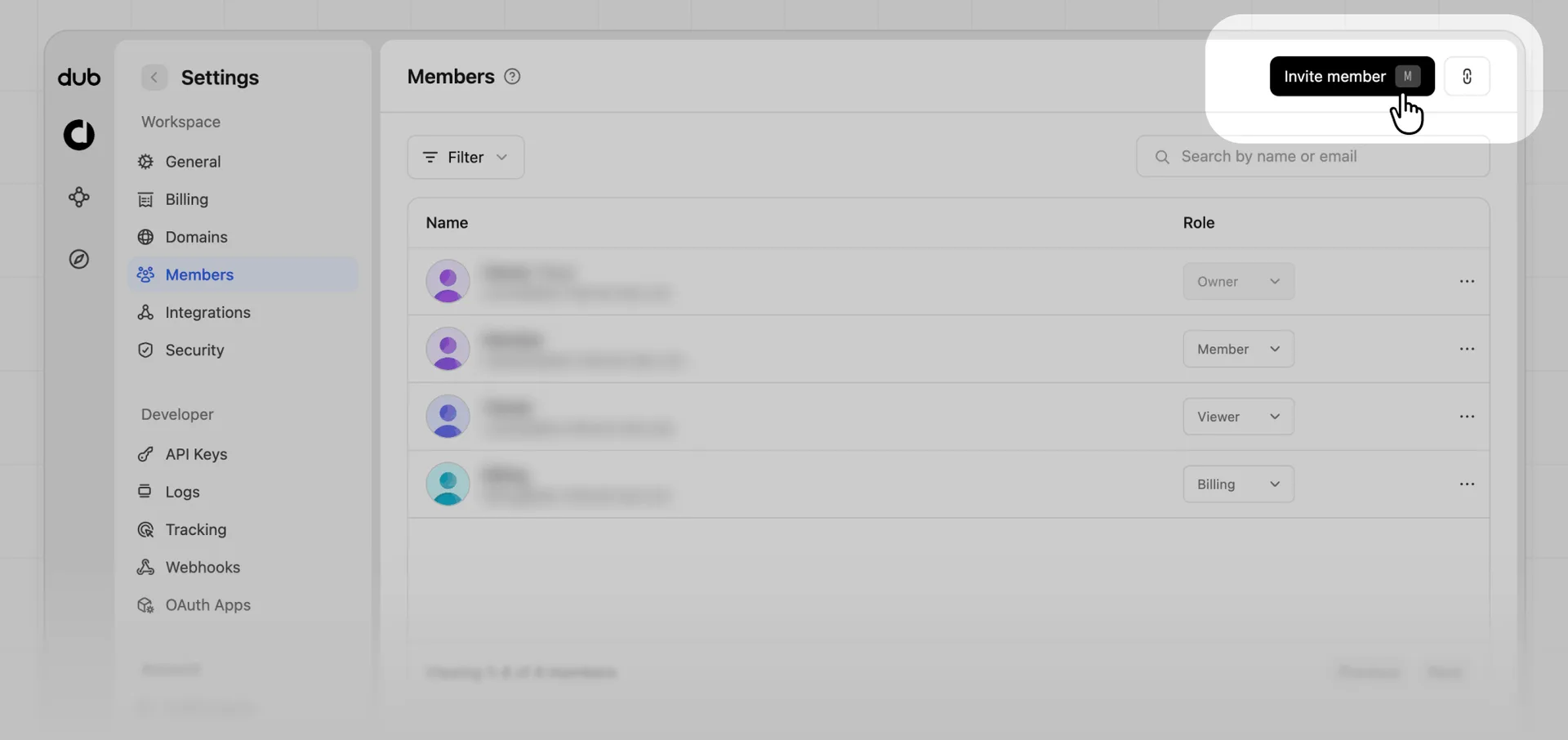 Invite member button in workspace members settings