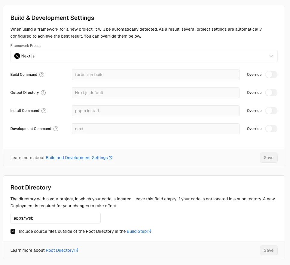 Vercel Deploy settings